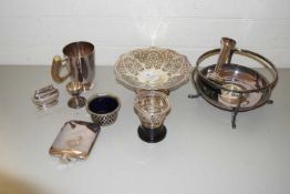 VARIOUS MIXED SILVER PLATED WARES TO INCLUDE TAZZA, TANKARDS, TABLE LIGHTER, HIP FLASK ETC