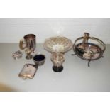 VARIOUS MIXED SILVER PLATED WARES TO INCLUDE TAZZA, TANKARDS, TABLE LIGHTER, HIP FLASK ETC