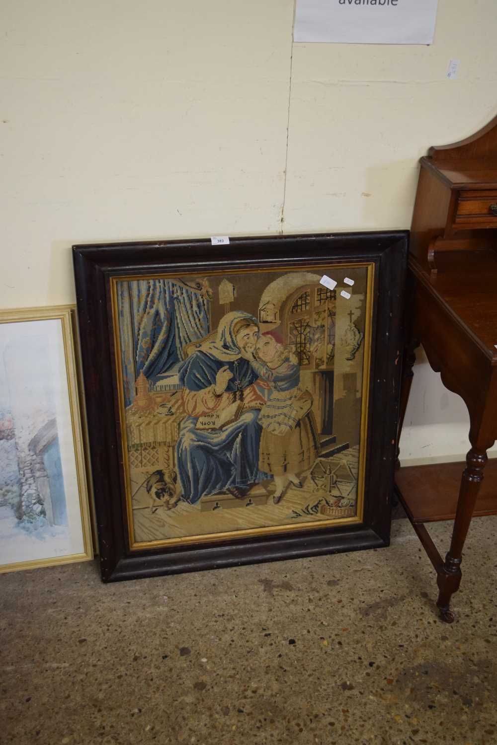 VICTORIAN TAPESTRY PICTURE, INTERIOR SCENE WITH OLD WOMAN AND CHILD, F/G, 85CM HIGH