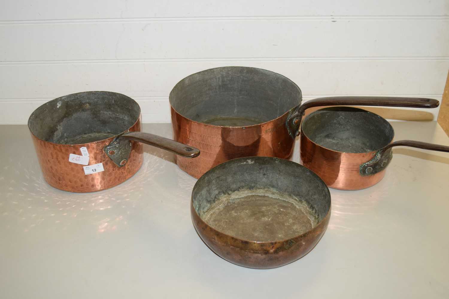 THREE VINTAGE COPPER SAUCEPANS AND A FURTHER COPPER PAN (4)