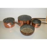 THREE VINTAGE COPPER SAUCEPANS AND A FURTHER COPPER PAN (4)