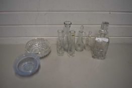 VARIOUS GLASS VASES, DECANTERS, BOWLS ETC
