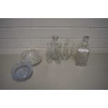 VARIOUS GLASS VASES, DECANTERS, BOWLS ETC