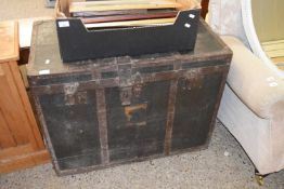 LARGE VINTAGE METAL BOUND TRUNK, 90CM WIDE