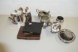 VARIOUS MIXED SILVER PLATED TEA WARES, CASED CUTLERY ETC