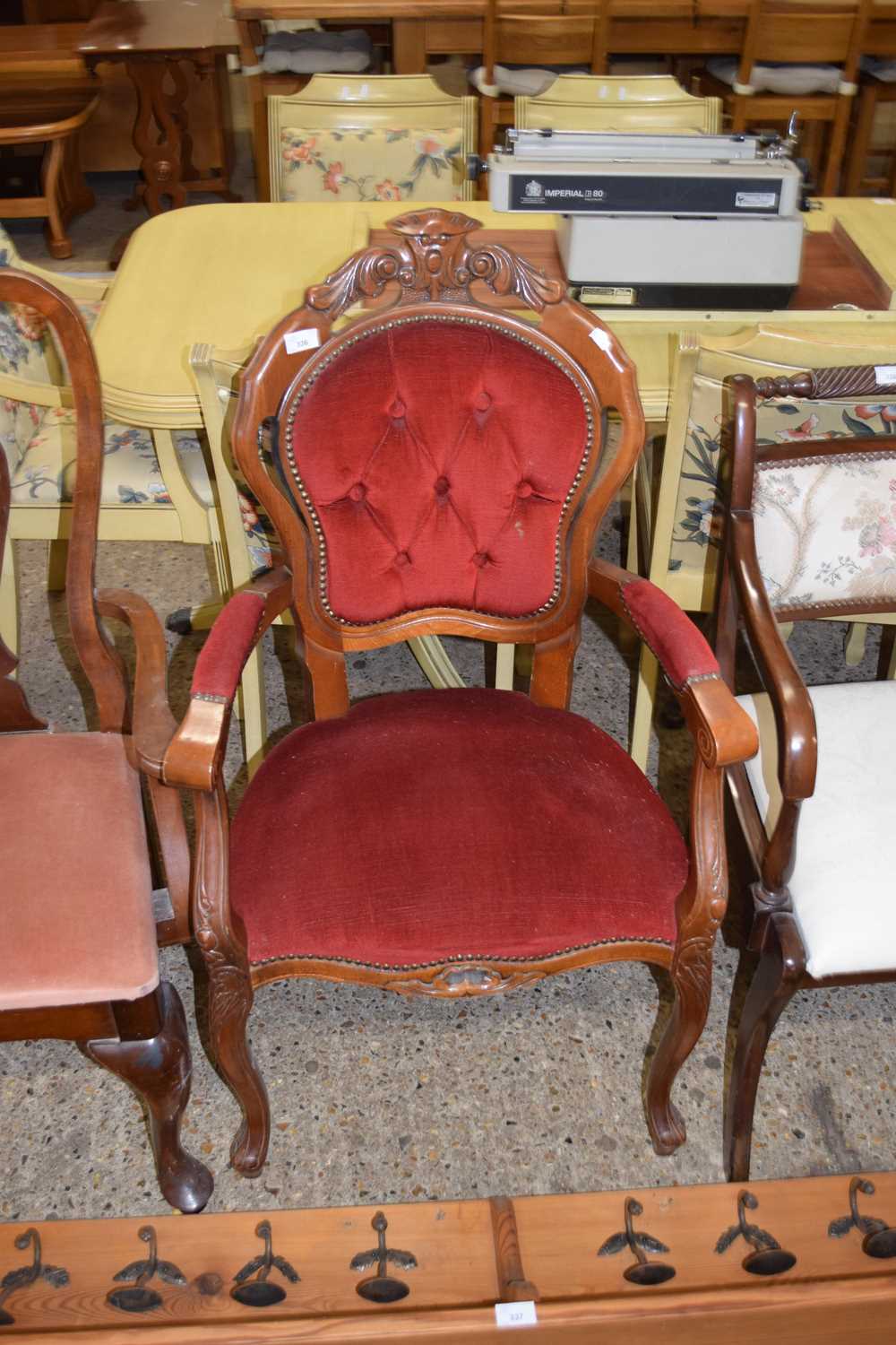 CONTINENTAL RED UPHOLSTERED BUTTON BACK CARVER CHAIR