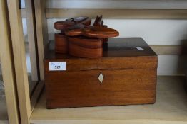 SMALL MAHOGANY RECTANGULAR JEWELLERY BOX TOGETHER WITH A FURTHER BUTTERFLY SHAPED BOX