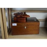 SMALL MAHOGANY RECTANGULAR JEWELLERY BOX TOGETHER WITH A FURTHER BUTTERFLY SHAPED BOX