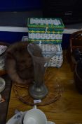TWO VINTAGE SEWING BOXES, FUR HAT, VASE AND A GLASS PLATE (5)