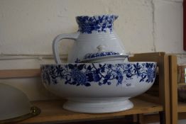 BLUE AND WHITE VICTORIAN WASH BOWL AND JUG