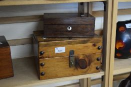 SMALL ROSEWOOD AND MOTHER OF PEARL INLAID JEWELLERY BOX TOGETHER WITH A FURTHER BOX WITH CARVED SHIP