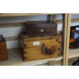 SMALL ROSEWOOD AND MOTHER OF PEARL INLAID JEWELLERY BOX TOGETHER WITH A FURTHER BOX WITH CARVED SHIP