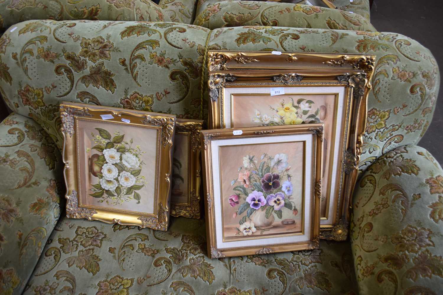 JAMIESON, FIVE STILL LIFE STUDIES OF FLOWERS, OIL ON CANVAS, GILT FRAMED, VARIOUS SIZES, LARGEST