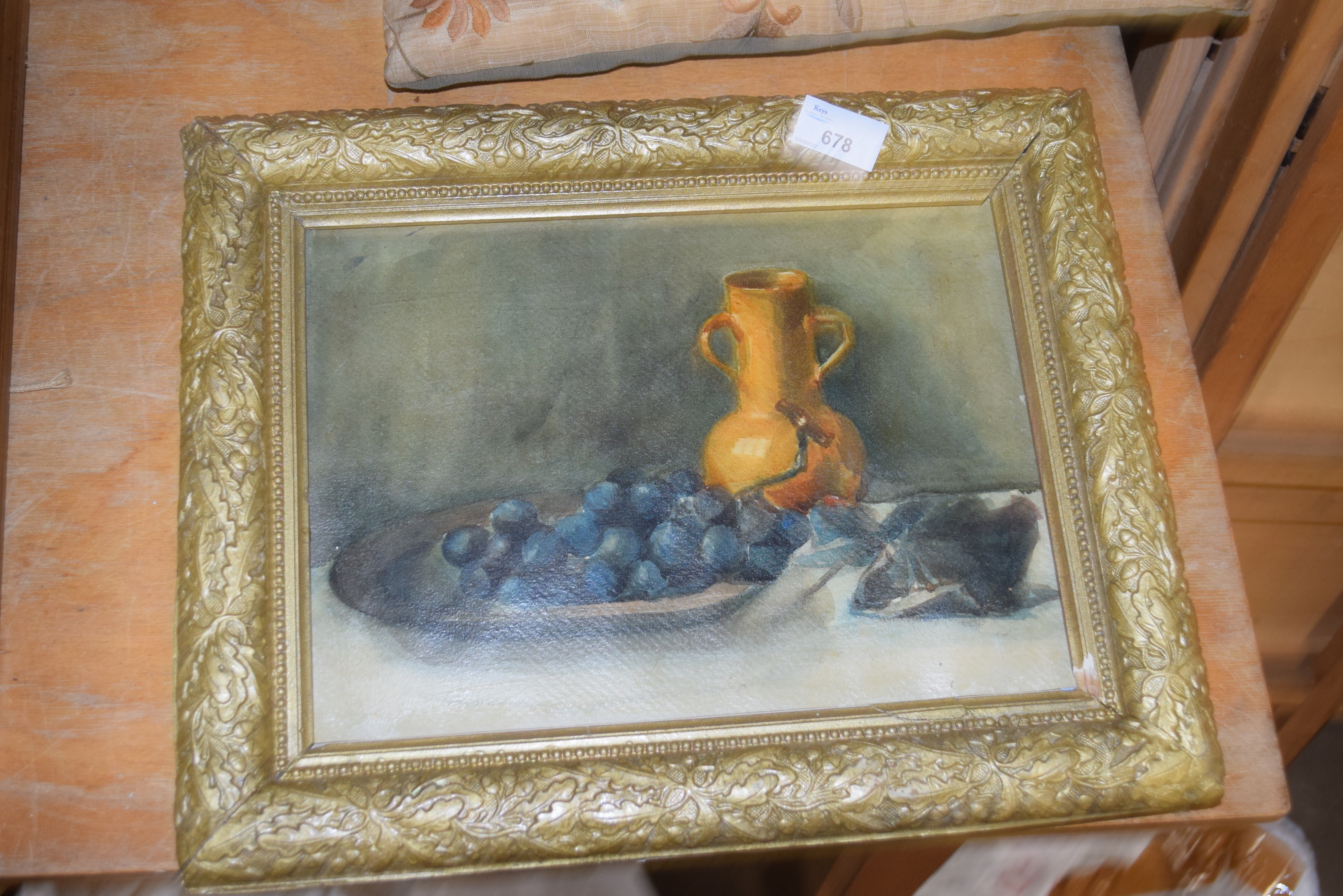 20TH CENTURY SCHOOL, STILL LIFE STUDY OF VASE AND A BUNCH OF GRAPES, WATERCOLOUR, GILT FRAMED