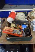 BOX OF MIXED WARES TO INCLUDE A SMITHS CENTRIC WALL CLOCK, VARIOUS ORNAMENTS, CASED CUTLERY ETC