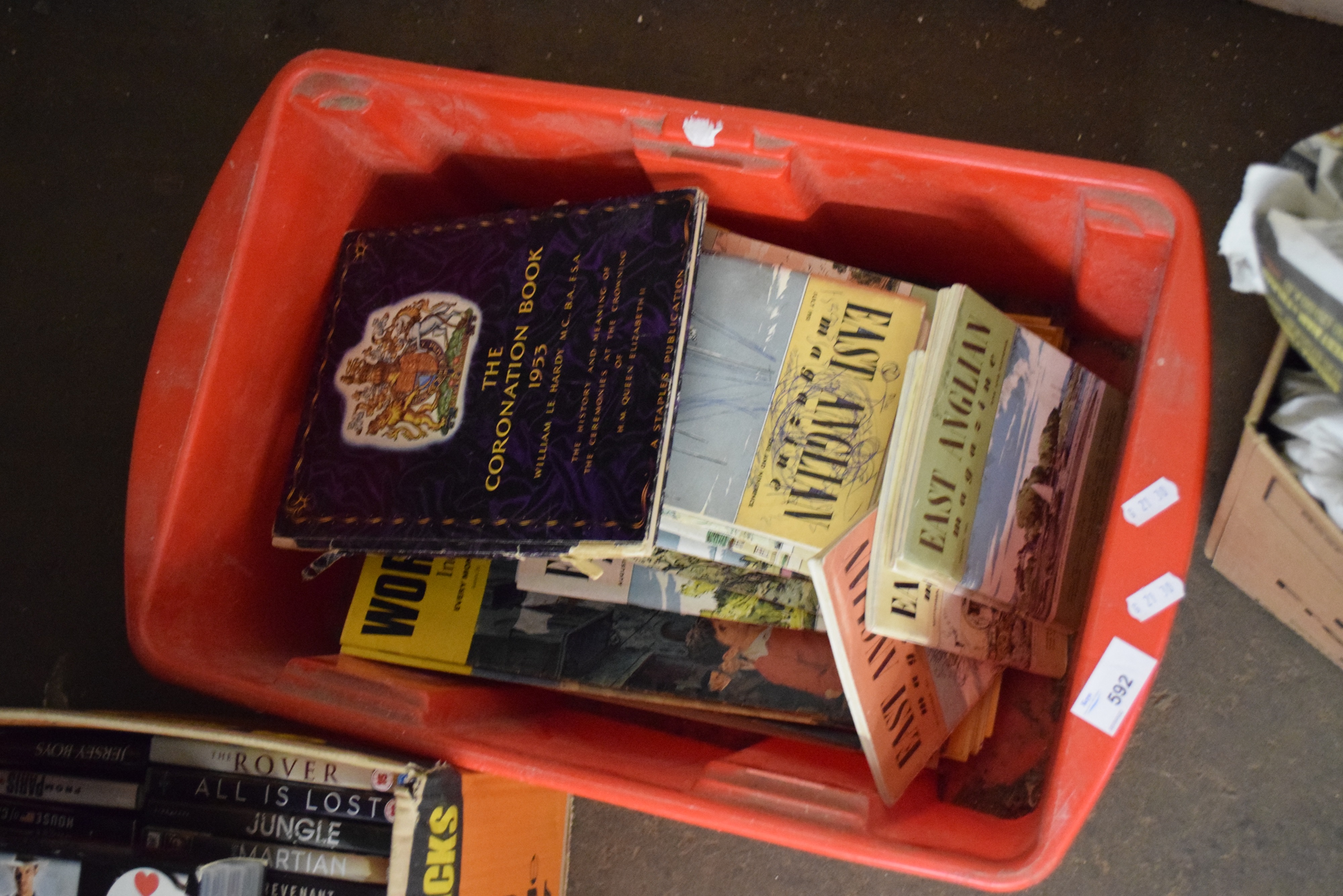 BOX CONTAINING EAST ANGLIAN MAGAZINE, WORLD OF WONDER AND THE CORONATION BOOK 1953