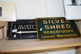 WOODEN SIGN MARKED 'LAVATORIES', TOGETHER WITH TWO METAL SIGNS MARKED 'GOLDEN SHRED' AND 'SILVER