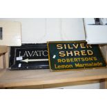 WOODEN SIGN MARKED 'LAVATORIES', TOGETHER WITH TWO METAL SIGNS MARKED 'GOLDEN SHRED' AND 'SILVER