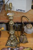 BRASS TABLE LAMP TOGETHER WITH A FURTHER SMALL LAMP WITH FROSTED GLASS SHADE (2)