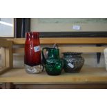 RED ART GLASS VASE, VARIOUS PEWTER WARES, GREEN GLASS JUG (4)