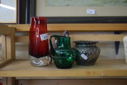 RED ART GLASS VASE, VARIOUS PEWTER WARES, GREEN GLASS JUG (4)