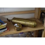 REPRODUCTION BRASS CASED COMPASS AND A VINTAGE MINIMAX PUMP FIRE EXTINGUISHER