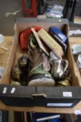 ONE BOX MIXED ITEMS TO INCLUDE A PLASTERWORK MODEL OF CHRIST, VARIOUS METAL WARES, BOOKS ETC