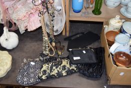 VARIOUS EVENING BAGS, COSTUME JEWELLERY ETC