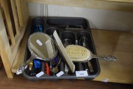 TRAY OF VARIOUS CUTLERY AND OTHER ITEMS, TOGETHER WITH A THREE-PIECE DRESSING TABLE SET