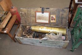 WOODEN PACKING CRATE CONTAINING LARGE VINTAGE SHELL CASE, PARAFFIN STOVES AND OTHER ITEMS