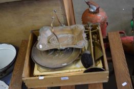BOX OF MIXED ITEMS TO INCLUDE PRINTS, FIRE TOOLS, BRASS PLATES ETC