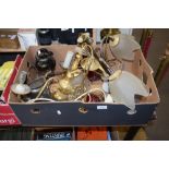 BOX OF VARIOUS LIGHT FITTINGS, SILVER PLATED TEA POT AND OTHER ITEMS