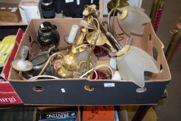 BOX OF VARIOUS LIGHT FITTINGS, SILVER PLATED TEA POT AND OTHER ITEMS