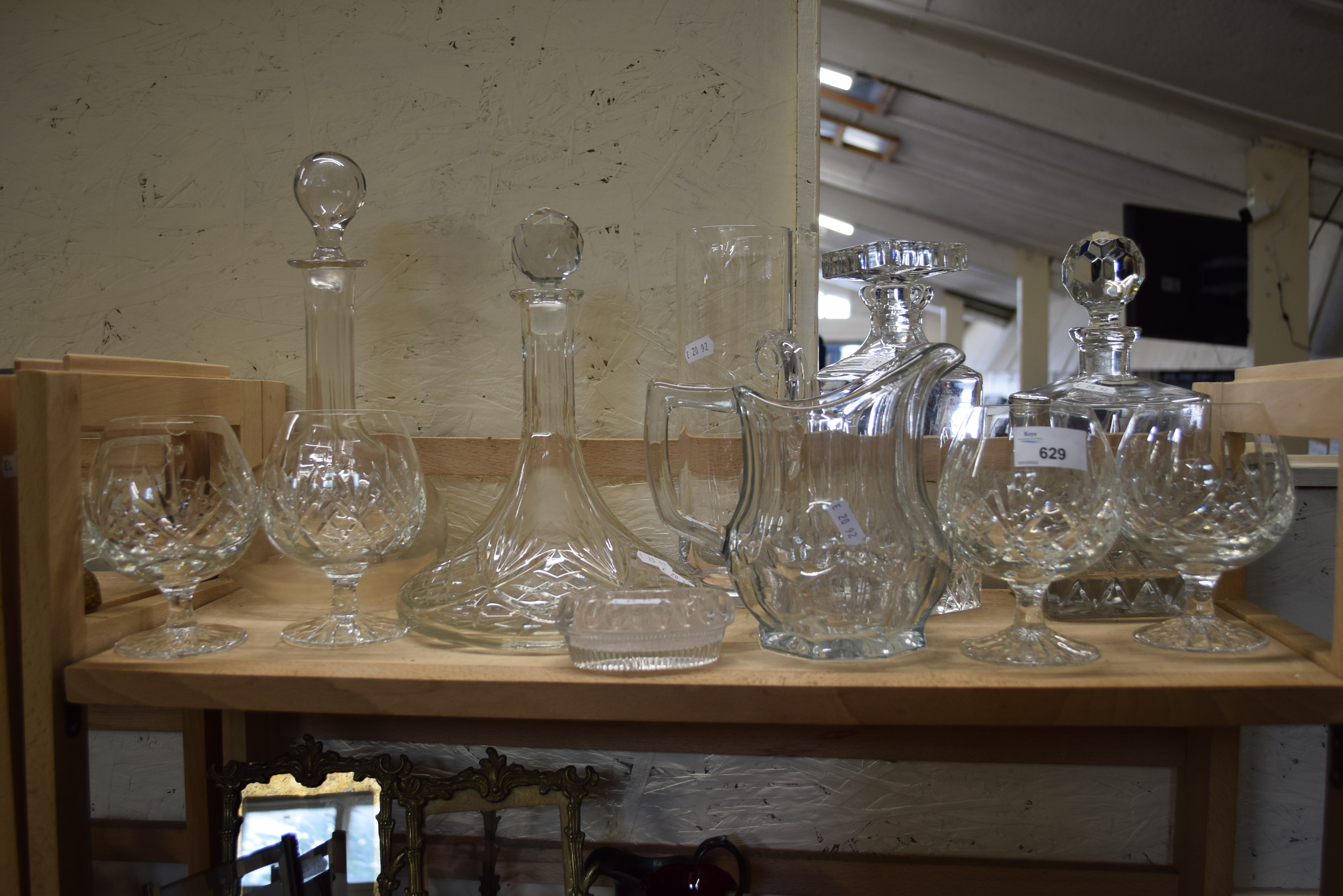 VARIOUS DECANTERS, DRINKING GLASSES ETC