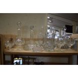 VARIOUS DECANTERS, DRINKING GLASSES ETC