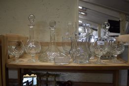 VARIOUS DECANTERS, DRINKING GLASSES ETC