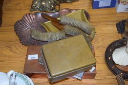 VARIOUS COPPER AND BRASS CRUMB TRAYS, CIGARETTE CASES ETC