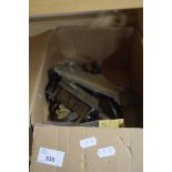 BOX OF VARIOUS BRASS HINGES, LOCKS AND OTHER DOOR FURNITURE