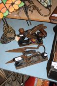 FOUR VINTAGE WOODWORKING PLANES AND A PAIR OF SHEEP SHEARS (5)