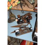 FOUR VINTAGE WOODWORKING PLANES AND A PAIR OF SHEEP SHEARS (5)