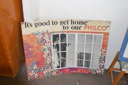 VINTAGE CARD ADVERTISING SIGN 'IT'S GOOD TO GET HOME TO OUR PHILCO' (A/F)