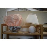 DECORATED BOWL, TABLE LAMP AND A FURTHER LIGHT SHADE