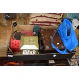 BOX OF VARIOUS MIXED ITEMS TO INCLUDE METAL POT STAND, JEWELLERY BOX AND CONTENTS, ETC