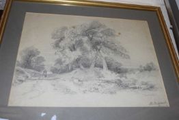 19TH CENTURY SCHOOL, PENCIL SKETCH OF FIGURE ON A WOODLAND PATH, F/G