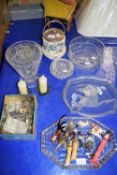 VARIOUS GLASS BOWLS, CERAMIC BISCUIT BARREL, GLASS MODEL ANIMALS ETC