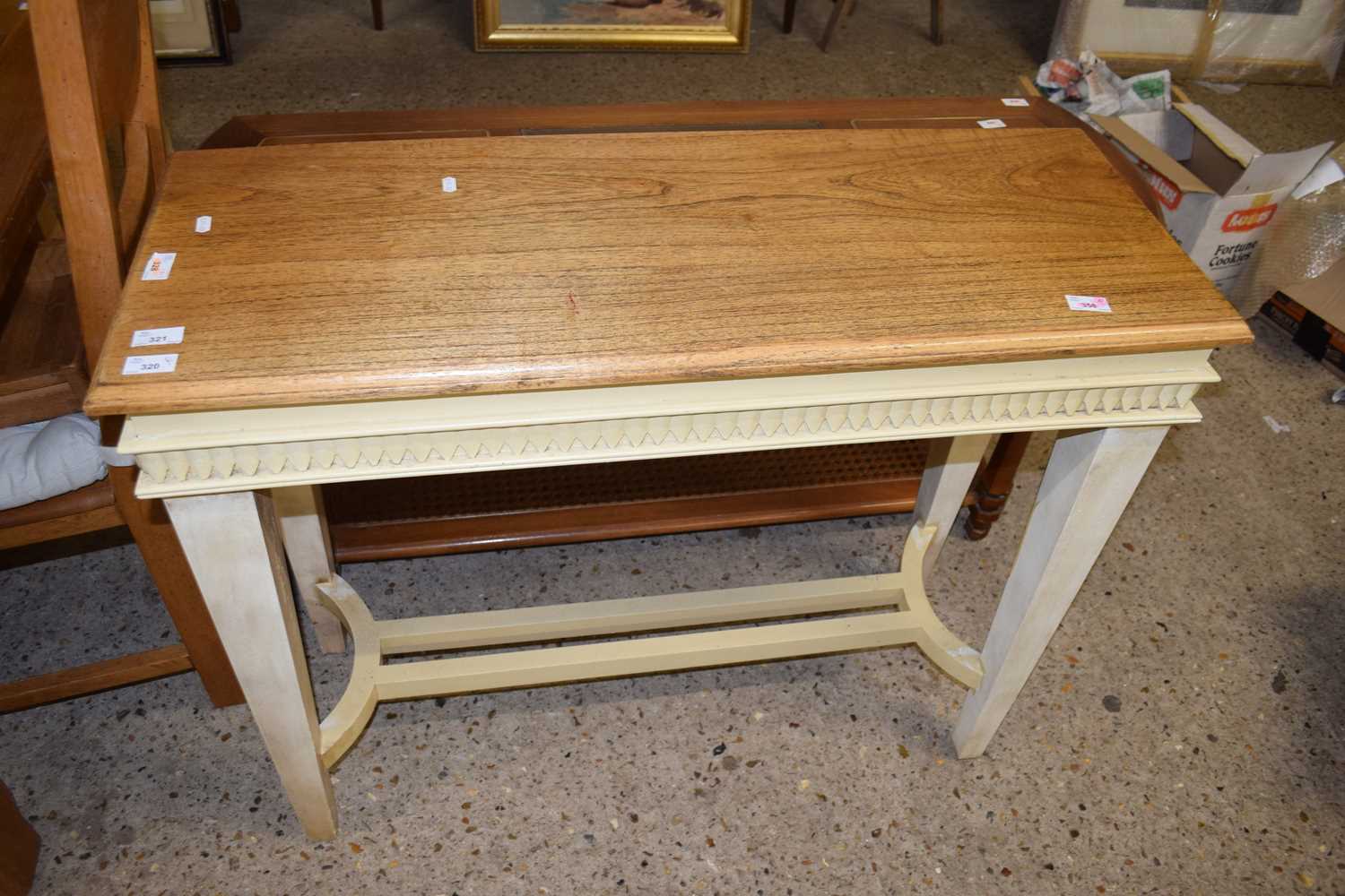 20TH CENTURY OAK TOP AND CREAM PAINTED RECTANGULAR HALL TABLE, 100CM WIDE