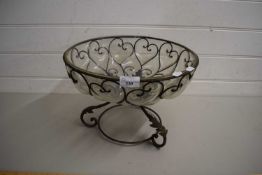 20TH CENTURY METAL FRAMED AND CLEAR GLASS CIRCULAR PEDESTAL BOWL