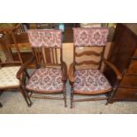PAIR OF EDWARDIAN MAHOGANY FRAMED ARMCHAIRS WITH FLORAL UPHOLSTERY
