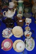 VARIOUS CERAMICS TO INCLUDE 19TH CENTURY TEA POT, VARIOUS VASES, TEA WARES, WALL PLAQUE ETC