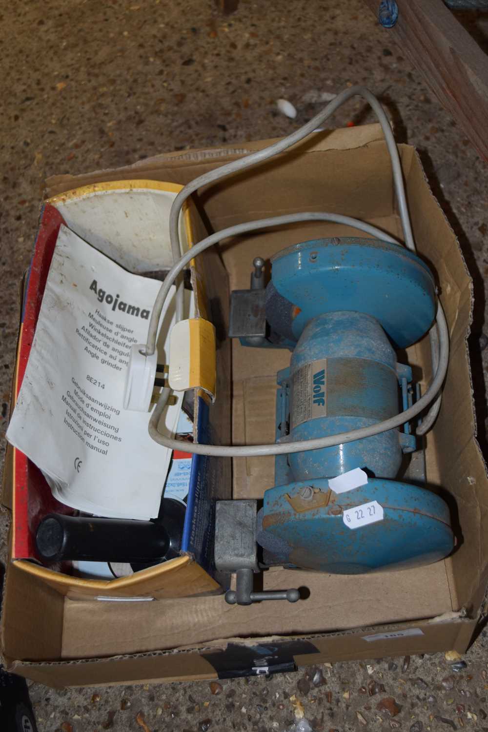 BOX OF MIXED ITEMS TO INCLUDE A WOLF BENCH GRINDER